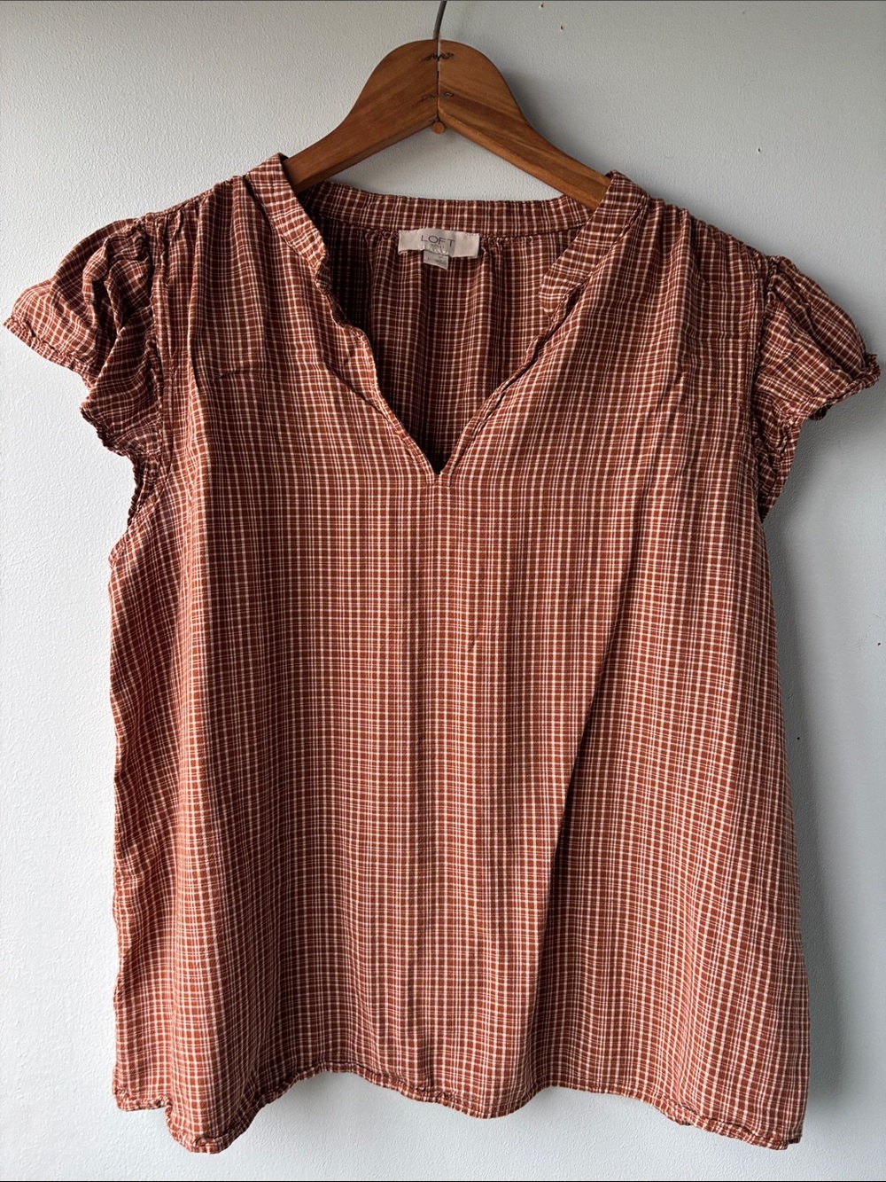 Brown Gingham Ruffle Sleeve Top, M